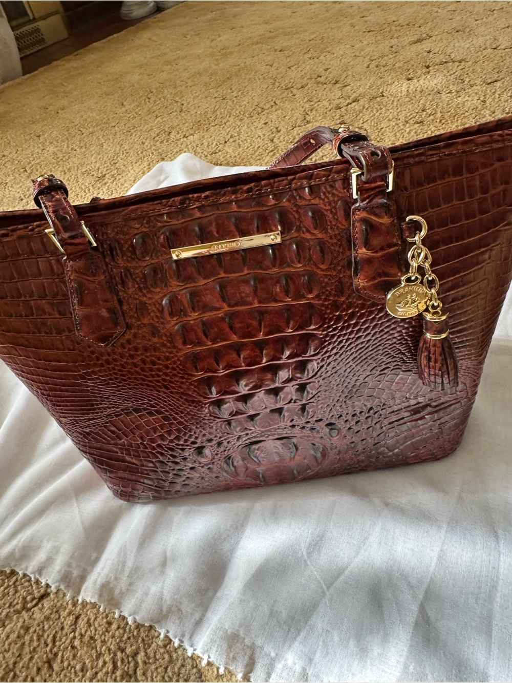 NWOT Beautiful Brahmin Chestnut Croc-Embossed Leather Tote with Tassel Charm